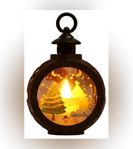 Decoratiune Craciun tip Felinare cu baterii, 13.5 x 9 cm,Lumanare cu geam si inscriptie Brad Craciun,lumina alb cald,baterii incluse,Negru