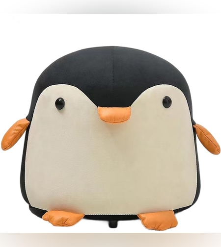 Taburet Pentru Copii, Flippy, Cadru din Lemn Masiv, 25 x 29 x 29 cm, Perna de Burete Elastica si Maner de Transport, in Forma de Pinguin, Negru