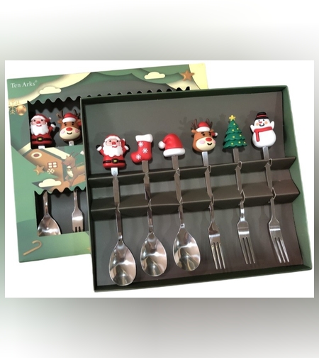 Set 6 Tacamuri, Flippy, Tema Craciun, 3 Linguri + 3 Furculite, cu Figurine, din Otel Inoxidabil, Cutie Cadou, 19 x 22 x 2.2 cm, Argintiu