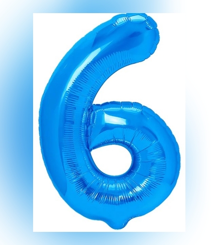 Balon din Folie Metalizata Flippy, Figurina Cifra, Tema Aniversare 80 cm, Ambalaj Individual, Pai inclus, Umflare cu Aer sau Heliu, Albastru, Cifra 6
