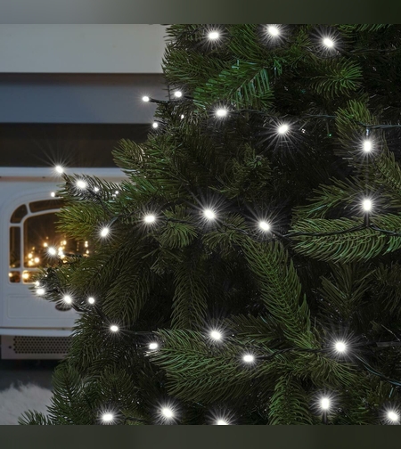 Instalatie de Craciun liniara Yoto, 17 m, din care 1 m cablu priza 220V, 200 LED, 8 jocuri de lumini, beculet in 6 colturi, pentru interior, controler, fir negru, alb rece