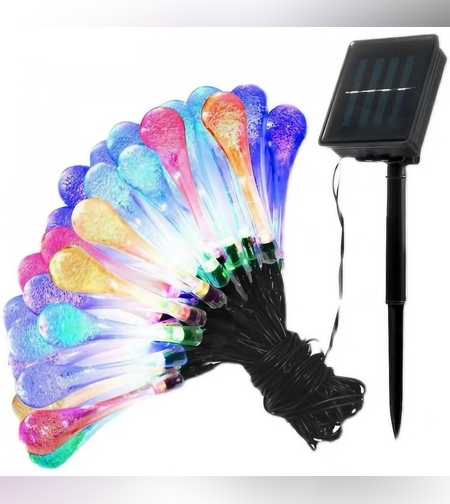 Instalatie Solara 6 m, 28 Led-uri cu Ornament tip picatura de apa, Liniara, Fir negru, Multicolor