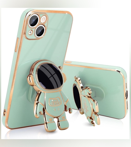 Husa de Protectie TPU 2in1, Flippy, pentru Apple iPhone 15 Plus, Astronaut cu Suport, Antisoc, Rezistenta la Impact, Protectie Camera, Verde