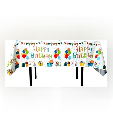 Fata de Masa, Flippy, din Folie, Imprimeu Happy Birthday cu Baloane, 137 x 274 cm, Alb