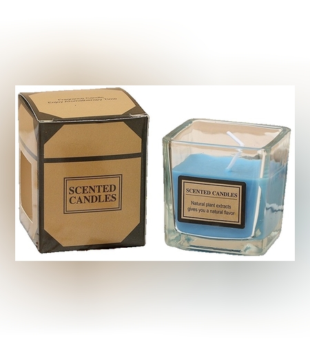 Lumanare Parfumata, Flippy, Model Pahar Transparent, cu Ulei Esential, 4.8 x 5.4 x 5.5 cm, Aroma de Frezie, Albastru