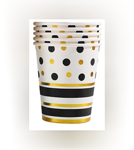 Set 10 Pahare, Flippy, Imprimeu cu Buline si Dungi, din Carton, 250 ml, 7.5 x 8.5 x 5.2 cm, Negru/Auriu