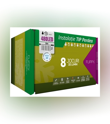 Instalatie Craciun, Tip Perdea, IP44, 8 m x 1 m, 480 LED-uri, Alb rece, 8 jocuri de lumini, Transformator cu telecomanda, Interconectabila, Prelungitor 3 m inclus, Fir transparent, Interior/ Exterior, Flippy