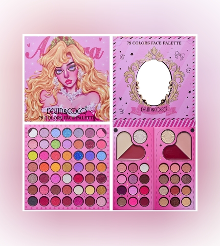 Trusa de Machiaj, KEVIN & COCO, Princess Palette. Fard de Pleoape, Iluminator, Corector, Ruj, 79 culori, 19.7 x 20 x 2 cm