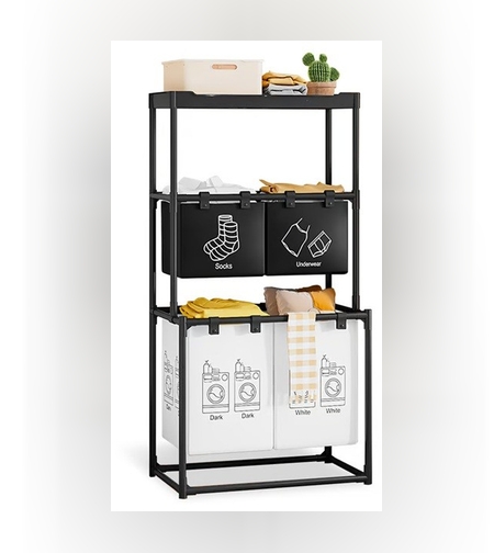 Cos de Rufe, Flippy, 3 Rafturi, 4 Cosuri, Cadru de Otel Inoxidabil, 123x44x57 cm, Negru