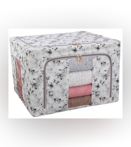 Cutie Depozitare, Flippy, 66L, din Material Textil, 50 x 40 x 33 cm, pentru Haine si Lenjerii, Model Fluturasi, Gri/Auriu