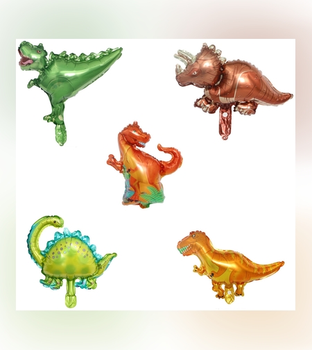 Set 5 Baloane Folie Metalizata, Flippy, Figurine Dinozauri, 30 cm, Ambalaj Individual, Pai inclus, Umflare cu Aer sau Heliu, Multicolor