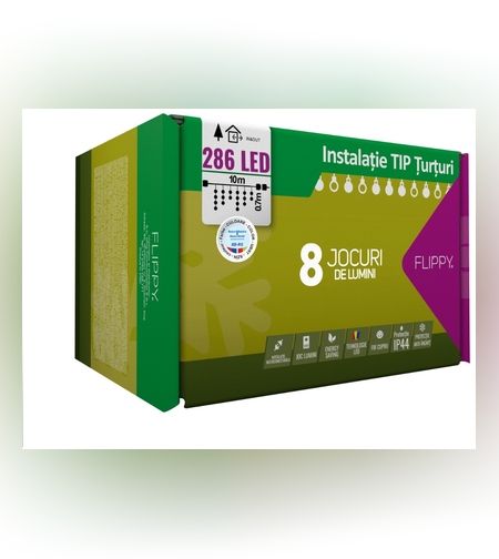 Instalatie Craciun, 10 m, 286 Led-uri ,Franjuri, Rosu / Verde/ Albastru, Flash, Transformator cu telecomanda, Interconectabila, Prelungitor 5 m inclus, Fir Transparent, Flippy