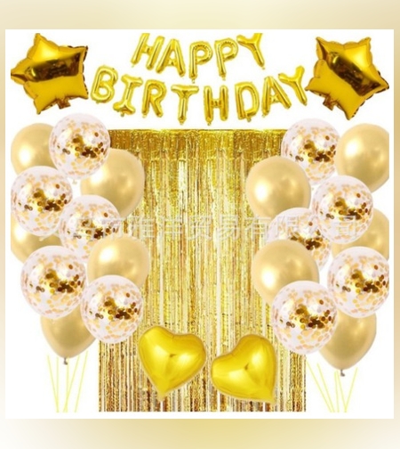 Set 24 de baloane folie si latex, 10 baloane latex simple, 10 bloane latex cu paiete, 4 baloane folie, ribon, 1x2 m perdea, Auriu