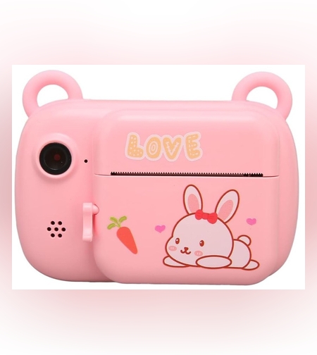 Camera Instantanee pentru Copii, Flippy, Camera Frontala + Selfie, cu Functie de Printare, Cablu USB-C, Bluetooth, Compatibil iOS/Android, Imprimare APP, Model Iepure Love, Roz