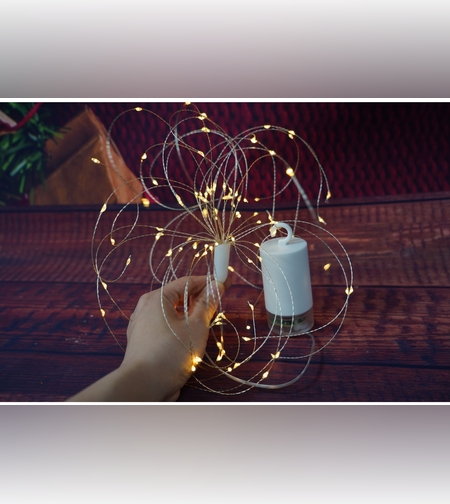 Instalatie Craciun, 120 LED-uri, alb cald, telecomanda 8 functii, cu baterii, explozie fireworks, fir cupru, interior/exterior, Flippy