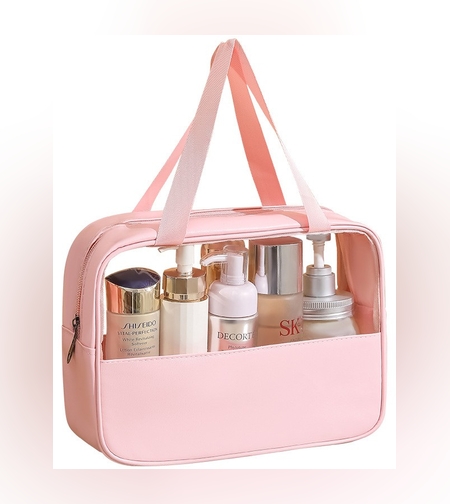 Geanta cosmetice Flippy, pentru voiaj sau organizare, material PVC/textil, impermeabila, portabila, 30 x 21 x 12 cm, roz