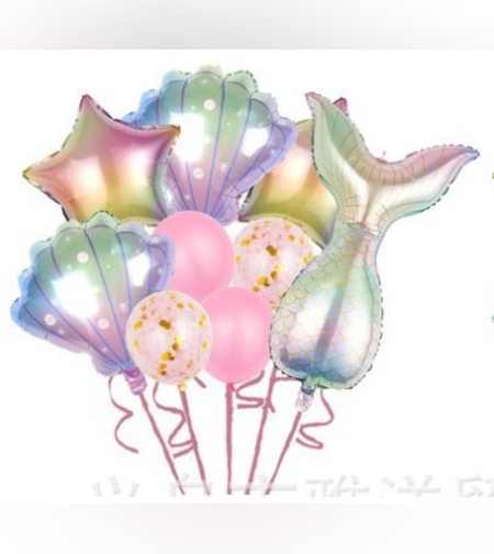 Set baloane aniversare pentru fetita, set din 9 baloane, Flippy, Tematica Sirene, 5 Baloane Folie, 4 baloane latex, Roz