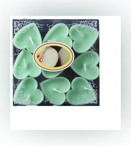Set 9 Lumanari in Forma de Inima, Flippy, pentru Ziua Indragostitilor, Aroma de Mar, Ardere 3.5 h, din Parafina, 4 x 2 cm, Verde