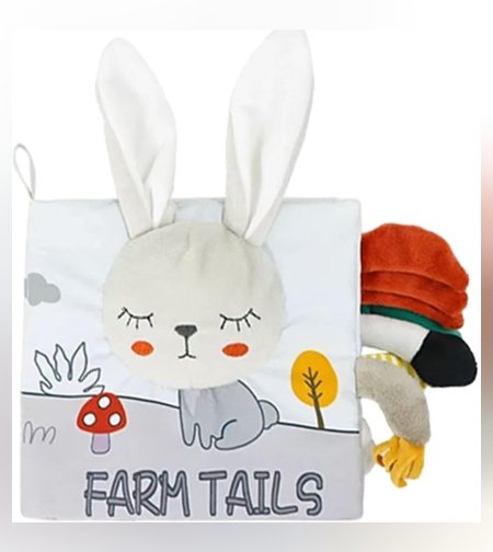 Carte Senzoriala, Flippy, pentru Bebelusi, 15x16x6 cm, cu Animalute, 3D, Cu Sunete si Fosnete, 0-3 Ani, Model Iepuras, Gri