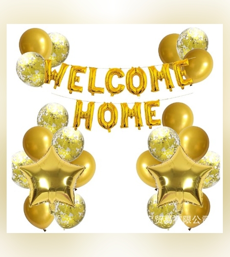 Set baloane folie si latex, Flippy, WELCOME HOME, 22 de piese, 20 baloane latex, 2 baloane stea Folie, 1 set Welcome Home, Auriu