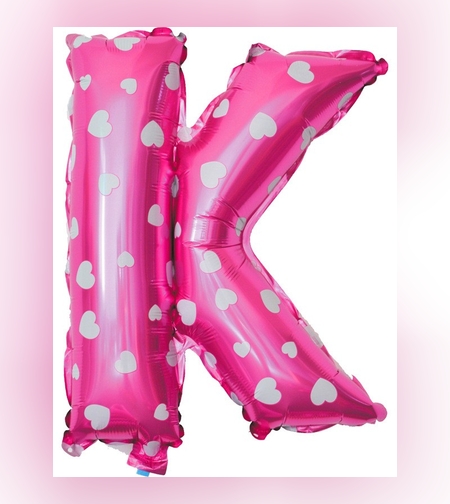 Balon Folie Metalizata Litera K, Flippy, 40 cm, Cu Imprimeu Inimioare, Umflati cu Heliu sau Aer, Ambalaj Individual, Pai inclus, Roz
