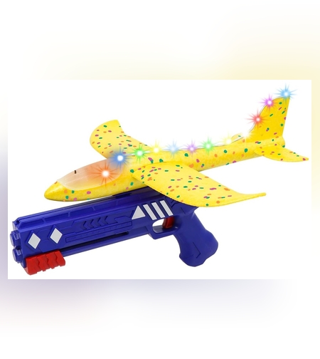 Pistol cu Lansator de Avion, Flippy, din Polistiren+Plastic, +3 Ani, Avion 38 cm, Lansare 10 m, cu Lumini si Roti, Galben/Albastru