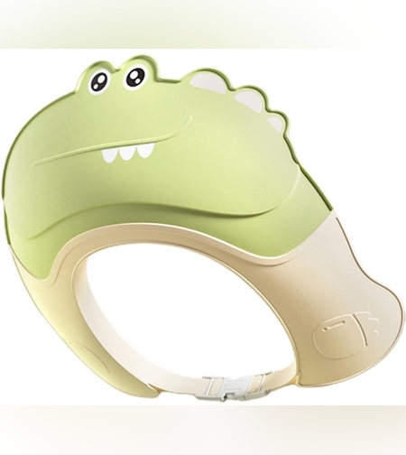 Casca de Dus, Flippy, Previne Scurgerea Apei si Samponului pe Fata, 0-12 Ani, Ajustabila, din TPE+PP, 20 x 23 cm, Model Crocodil, Verde
