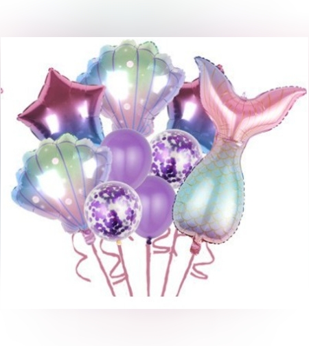 Set baloane aniversare pentru fetita, set din 9 baloane, Flippy, Tematica Sirene, 5 Baloane Folie, 4 baloane latex, cu stele, Mov gradient