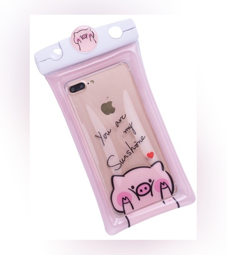 Husa subacvatica Mascot Waterproof Flippy, Snowproof, Universala, cu Snur, pentru telefon sau documente, Piggy, Roz