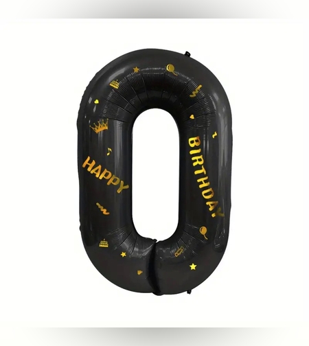 Balon din Folie Metalizata Flippy, Figurina Cifra, Scris Happy Birthday, Tema Aniversare 100 cm, Ambalaj Individual, Pai inclus, Umflare cu Aer sau Heliu, Negru, Cifra 0