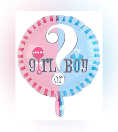 Balon din Folie Metalizata, Flippy, Figurina Rotunda, Model Girl or Boy, Tema Gender Reveal, 45 cm, Ambalaj Individual, Pai Inclus, Umflare cu Aer sau Heliu, Albastru/Roz