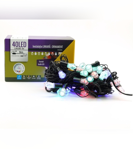 Instalatie de Craciun Liniara RGRB Yoto, 10 m, din care 1 m Prelungitor 220V, 40 LED, Model Diamante, Utilizare Interior/Exterior, Interconectabila, Fir Negru, multicolor
