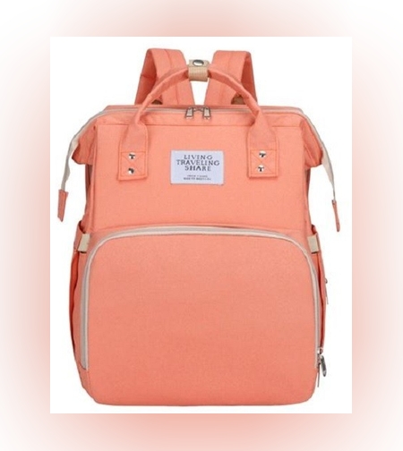 Rucsac Multifunctional pentru Mamici, Flippy, cu Patut Pliabil si Baza de Schimbat, Rezistent la Apa, Capacitate Mare, Usor, Compartimente Multiple, Buzunar Termic pentru Lapte, 42 x 32 x 22 cm, Roz Pudra