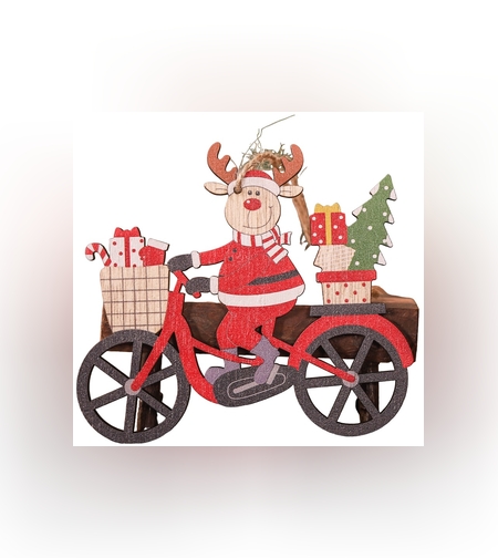 Decoratiune de Craciun din Lemn, Flippy, cu Snur pentru Agatare in Brad, Model Ren pe Bicicleta, 10.3x11.5x0.5 cm, Multicolor