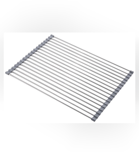 Covoras de Scurgere pentru Chiuveta Bucatarie, din Otel Inoxidabil, Suport Chiuveta, Pliabil, Antiderapant, Usor de Curatat si de Depozitat, 37x30cm, 15 Tuburi, Gri