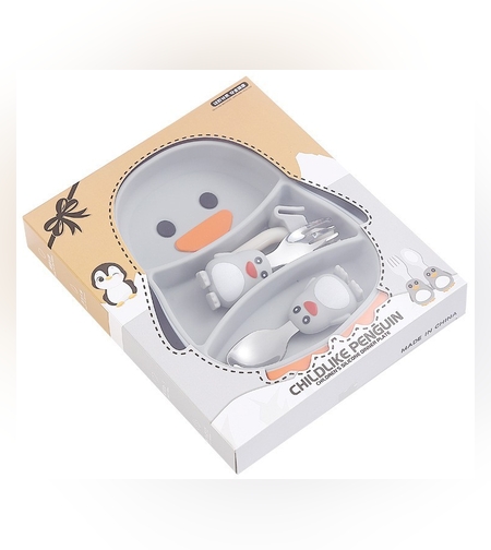 Set diversificare bebelusi Flippy, din silicon, 23.5 x 12.5 cm, 1 farfurie compartimentata in forma de pinguin, lingurita si furculita, pai, perie pai, fara alergeni, ventuza fixare,  forma creativa,  gri