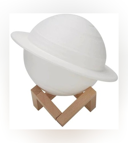 Lampa de Veghe, Flippy, Model Planeta Saturn, 3D, Lumina Alb Cald, Suport din Plastic, cu Baterii, 13 cm, Alb