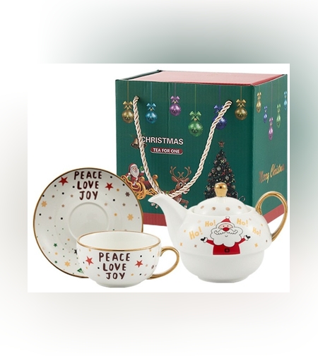 Set de Ceai, Flippy, Tema Craciun, Ceainic 420 ml, Cana 310 ml, Farfurie, din Portelan, Model Mos Craciun, Alb