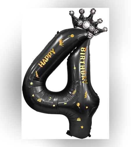 Balon din Folie Metalizata Flippy, Figurina Cifra si Coroana, Scris Happy Birthday, Tema Aniversare 100 cm, Ambalaj Individual, Pai inclus, Umflare cu Aer sau Heliu, Negru, Cifra 4