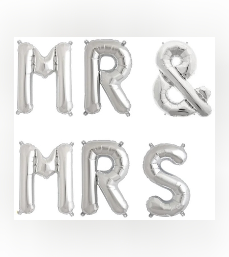 Set Baloane din Folie Metalizata, Flippy, Figurine Litere, Model MR&MRS, Tema Nunta, 40 cm, Baloane Party, Ambalaj Individual, Pai inclus, Umflare cu Aer sau Heliu, Argintiu
