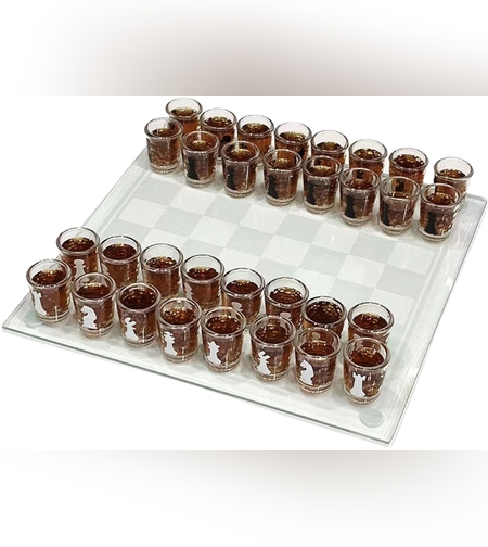Joc de sah Flippy din sticla cu pahare pentru shoturi, 35x35 cm, transparent