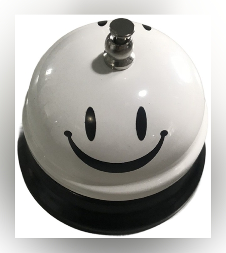 Clopotel Metalic Multifunctional, Flippy, Alb cu Imprimeu Smiley Face, 7.5x7.5x6.5 cm, Receptie, Restaurant, Cafenele