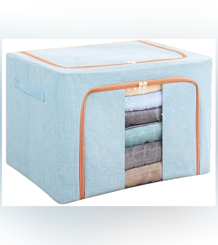 Cutie de Depozitare Pliabila, Flippy, 100 L, din Bumbac si In, 60x42x40 cm, 2 Ferestre, Frontala si Laterala, 2 Usi de Acces cu Fermoar Bidirectional, Cadru Metalic, Suport Baza Stabil din Plastic, Bleu