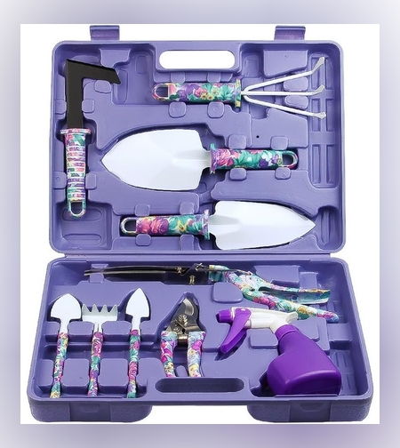 Set 10 accesorii pentru gradinarit Flippy, geanta depozitare inclusa, otel inoxidabil, 37 x 28 cm, mov