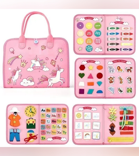 Carte Senzoriala Educativa Montessori, Flippy, Dezvoltare Abilitati Motorii, 5 Pagini, Model Unicorni, 28x22x7 cm, Roz