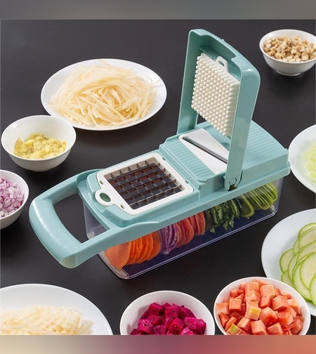 Feliator Multifunctional, Flippy, Razatoare, 8 in 1, pentru Fructe si Legume, 10 Piese, Lame de Inox, Recipient Stocare, Separator Oua, Protectie Mana, ABS, 32.2x11.3 cm, Albastru/Alb