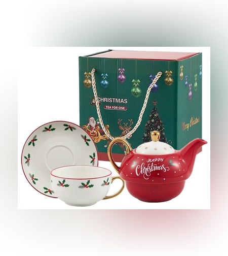 Set de Ceai, Flippy, Tema Craciun, Ceainic 420 ml, Cana 310 ml, Farfurie, din Portelan, Model Happy Christmas, Rosu