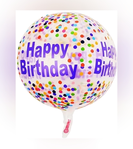 Balon din Folie Metalizata, Flippy, Figurine 4D, Model Happy Birthday, Tematica Aniversara Bombonele, 63x24 cm, Ambalaj Individual, Pai Inclus, Umflare cu Aer sau Heliu, Mov-Multicolor