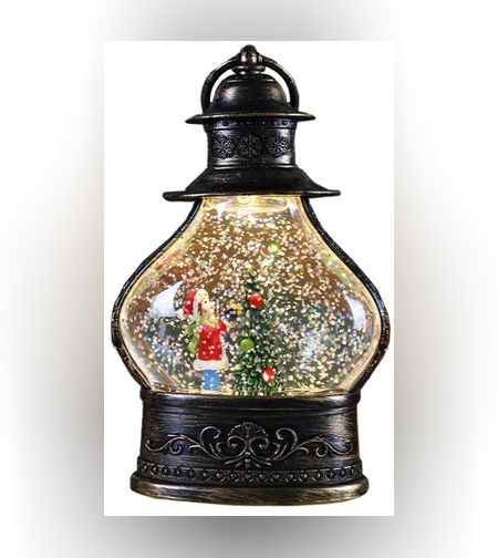 Decoratiune de Craciun tip Felinar, Flippy, Glob de Cristal cu Fulgi de Zapada, Model Elf, Ornamentat cu Luminite Interioare, 14.5 x 9 x 3 cm, Rama Neagra, Transparent