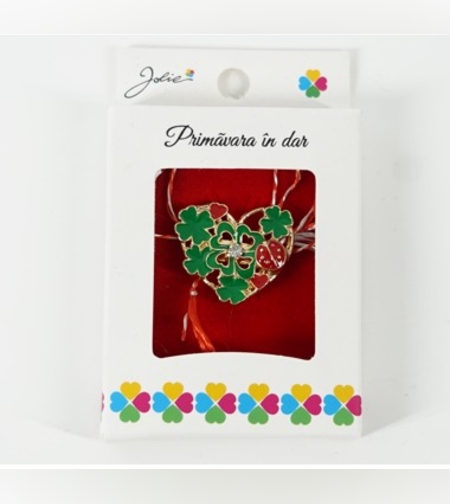 Martisor Brosa Mica in Cutie, Dimensiune Brosa 2.5-3 cm, Material Metal, Model Inima Ccu Trifoi